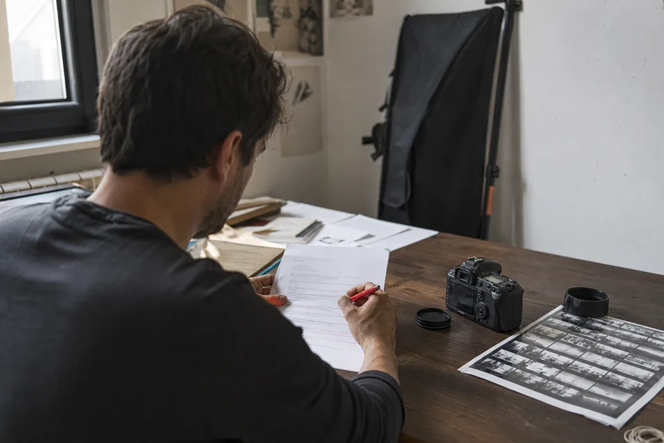 Freelance photographer at a studio table reading a client email printout and marking lines with a red pen