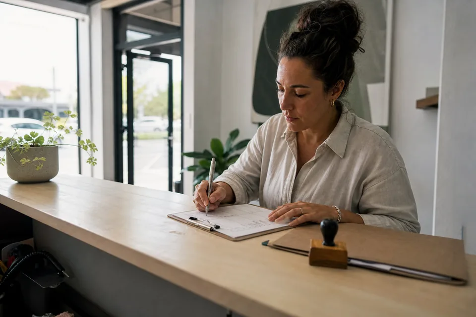 Operations manager at an agency front desk ticking an intake checklist on a clipboard beside a client folder