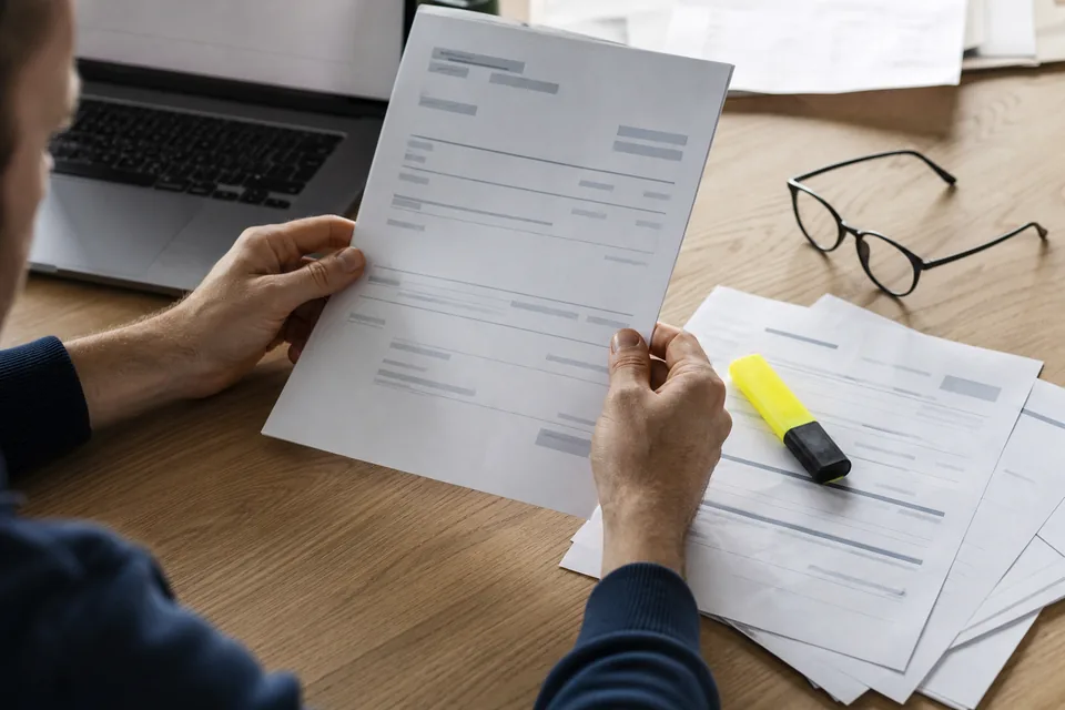Small business owner checking a printed state registry record against an invoice at a desk