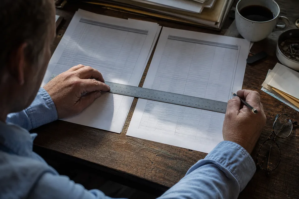 Two printed reports side by side on an oak desk with a ruler and a pencil marking differences