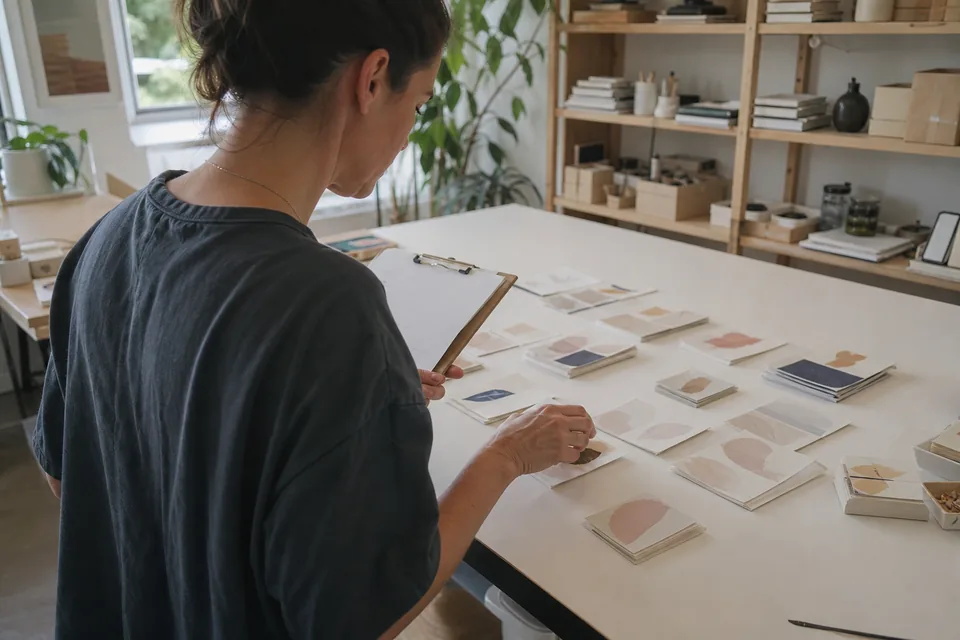 Woman sorting printed notes into small piles on a long table while checking a list