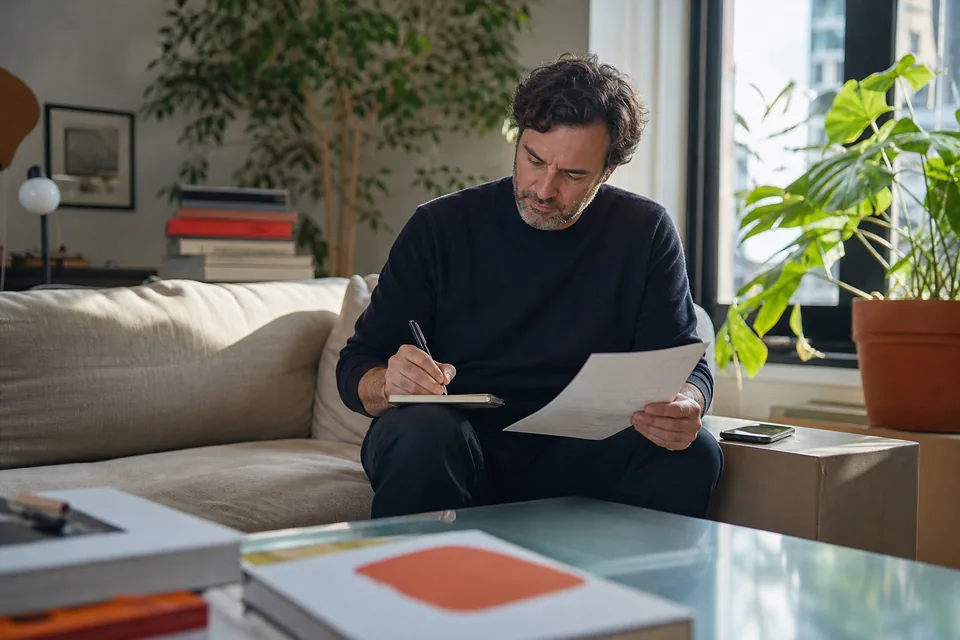 Agency founder on a sofa in a studio lounge checking a company name in a notebook against a proposal