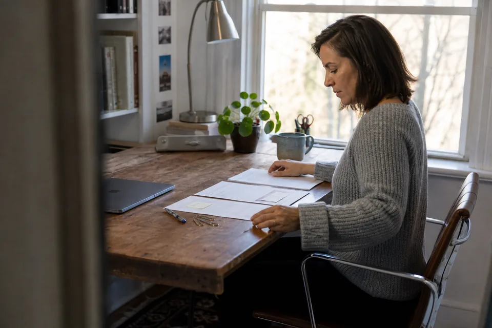 Web designer at home sorting an overdue invoice, a contract and a certified mail envelope on a desk