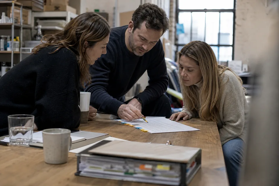 Small agency team at a shared table reviewing a printed list of new clients with coloured tabs