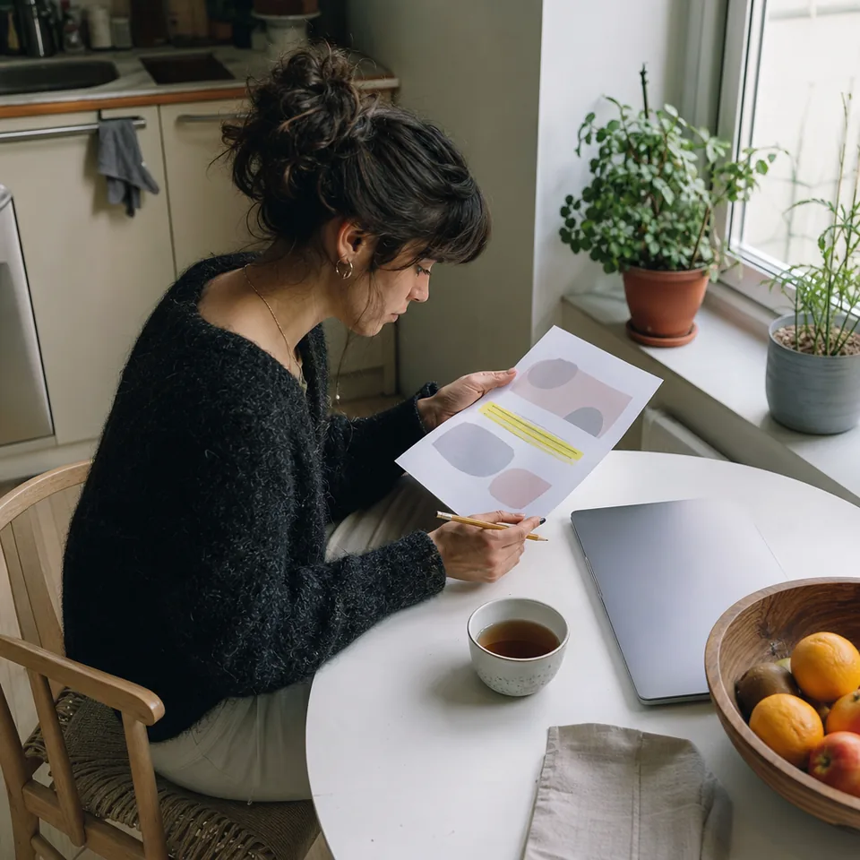 Freelancer at a bright kitchen table reading a printed client report with a highlighted paragraph, pencil in hand, tea and a closed laptop beside her