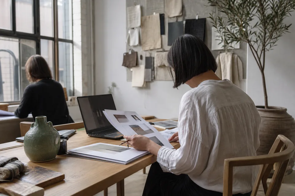 Bright design studio with a long oak table, printed proposal pages and a laptop seen from behind a designer's shoulder