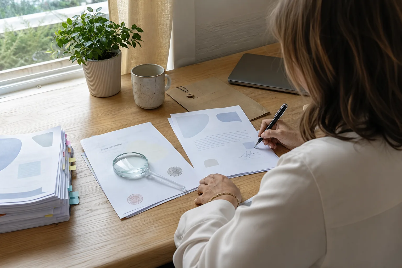 Woman at a bright oak desk by a window comparing a stamped company filing with a signed contract, a magnifying loupe and a stack of tabbed documents beside her, seen from behind her shoulder