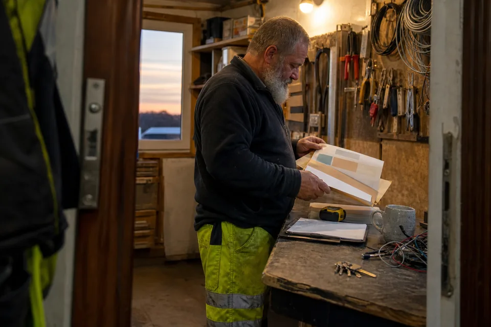 Electrical contractor in work clothes at a counter in his workshop office at dusk, sliding a new client's printed proposal into a kraft folder next to a clipboard and a mug, seen through the open doorway