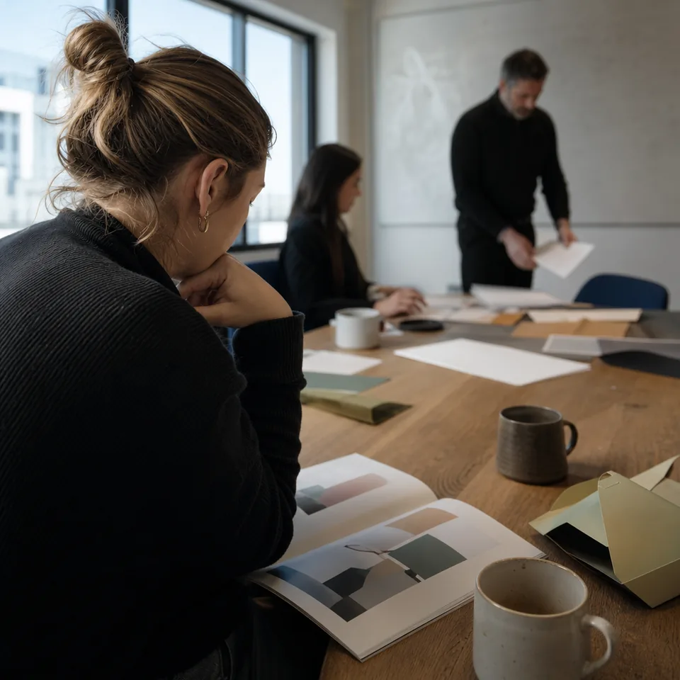 Agency meeting room with a printed brand book and coffee cups on an oak table after a client kickoff