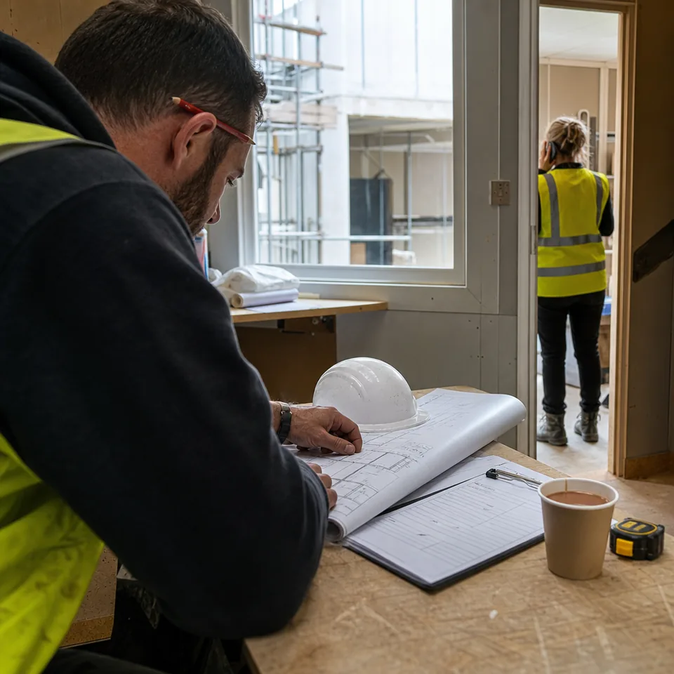 Site office of a commercial build out with rolled drawings, a hard hat and a clipboard on a plywood desk