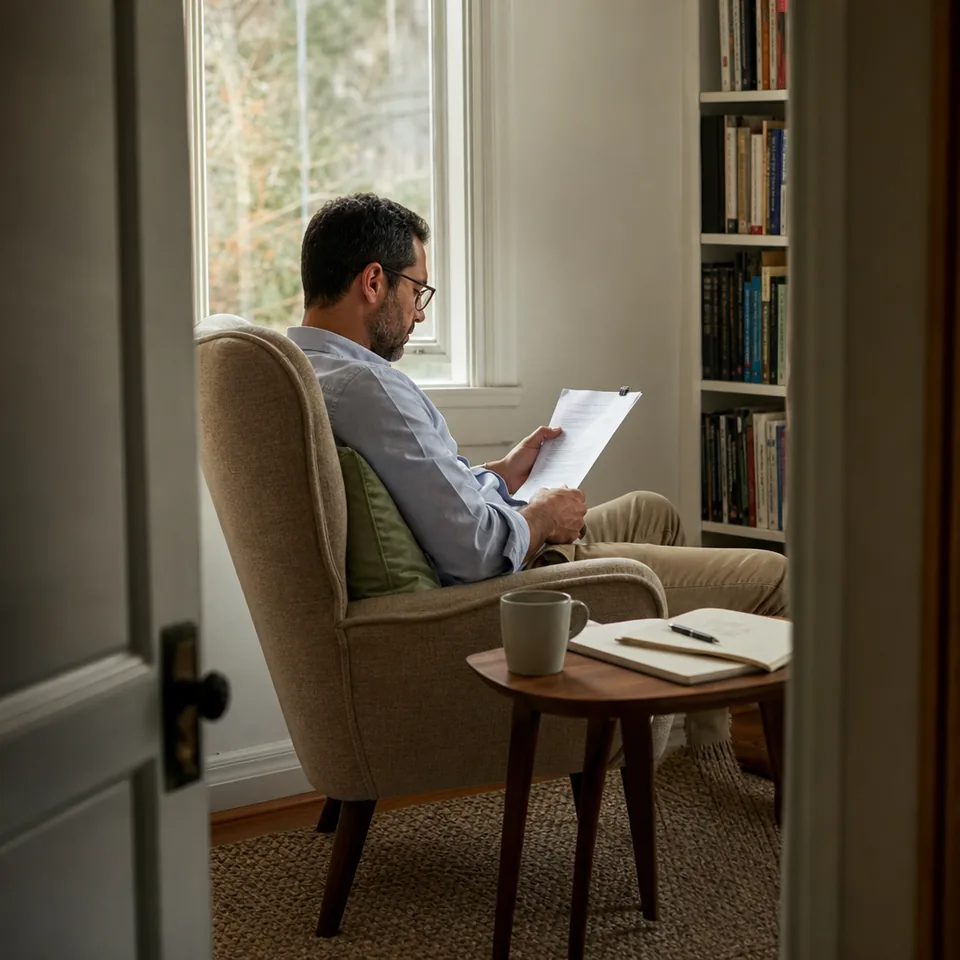 Consultant's home office with a linen armchair, a notebook and a retainer agreement on a side table