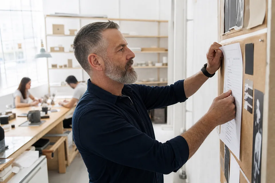 Agency operations lead pinning a client intake sheet on a board in a bright studio
