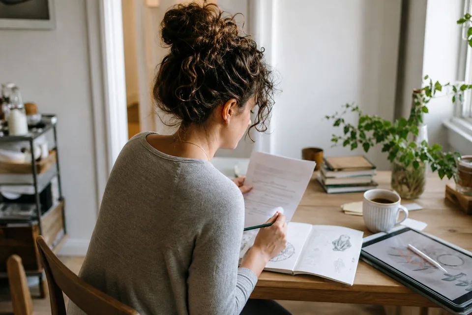 Freelance illustrator at a kitchen table reading a client brief next to a sketchbook and a mug