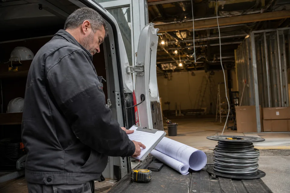 Contractor reviewing a commercial job estimate at a tailgate with a tape measure and drawings