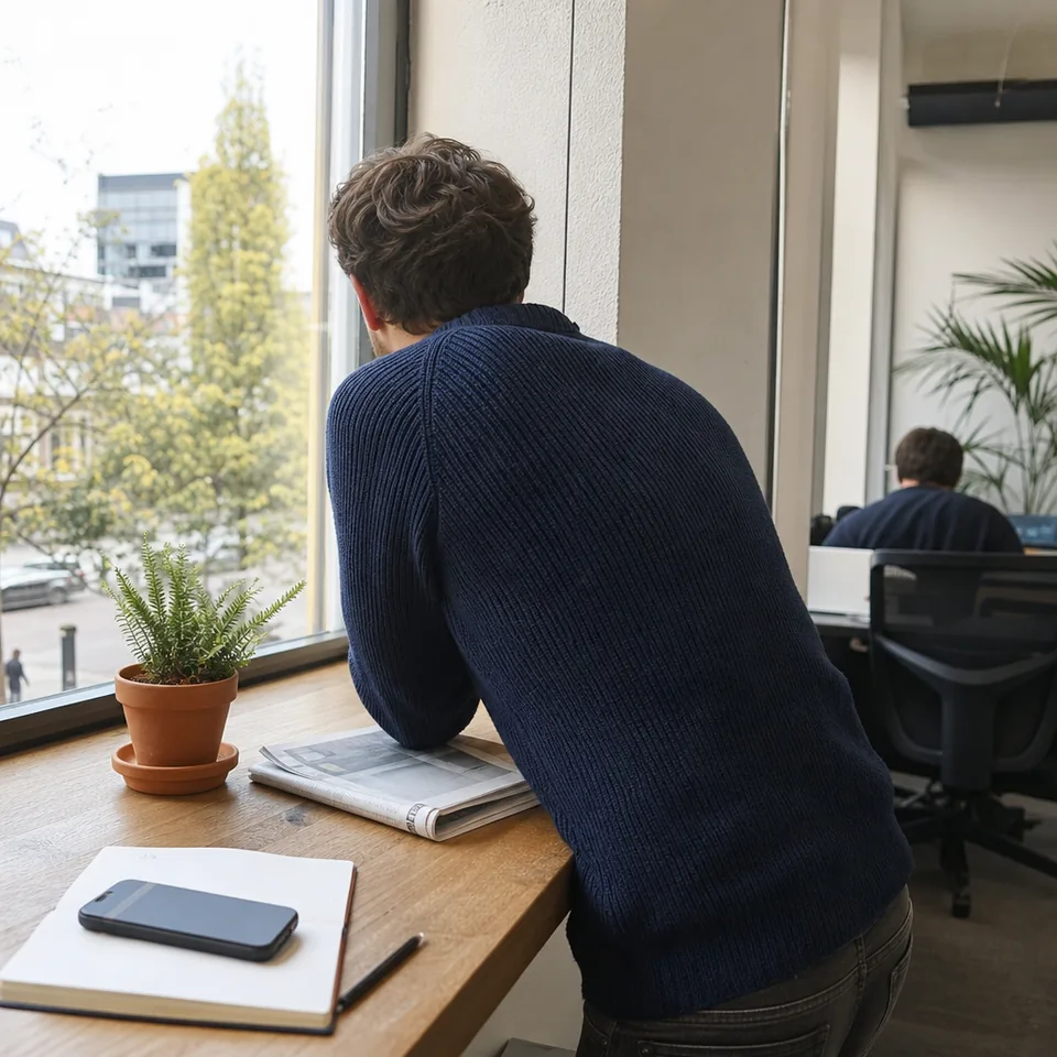 Windowsill in an agency office with a phone face down, a notebook and a plant, city street outside