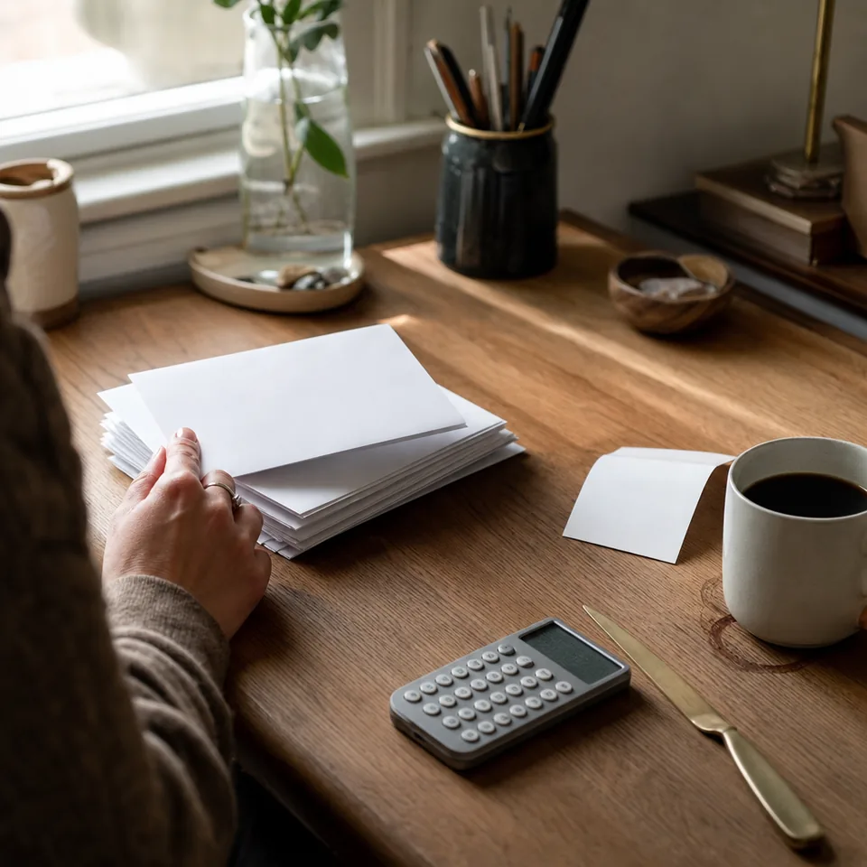Designer's desk by a window with an unopened envelope, a paper slip and a calculator beside a cup of coffee