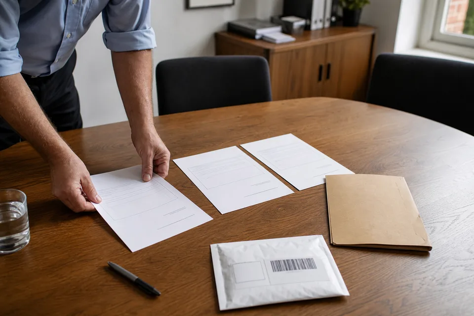 Signed contract, a delivery note and an invoice laid out on an oak table with a folder, daylight from a window